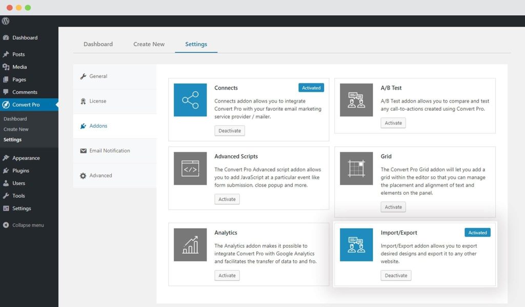 Activate The Import Export Addon in Convert Pro
