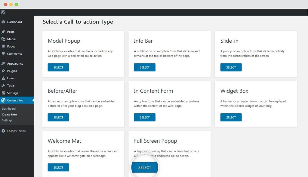 Select Full Screen Call To Action in Convert Pro